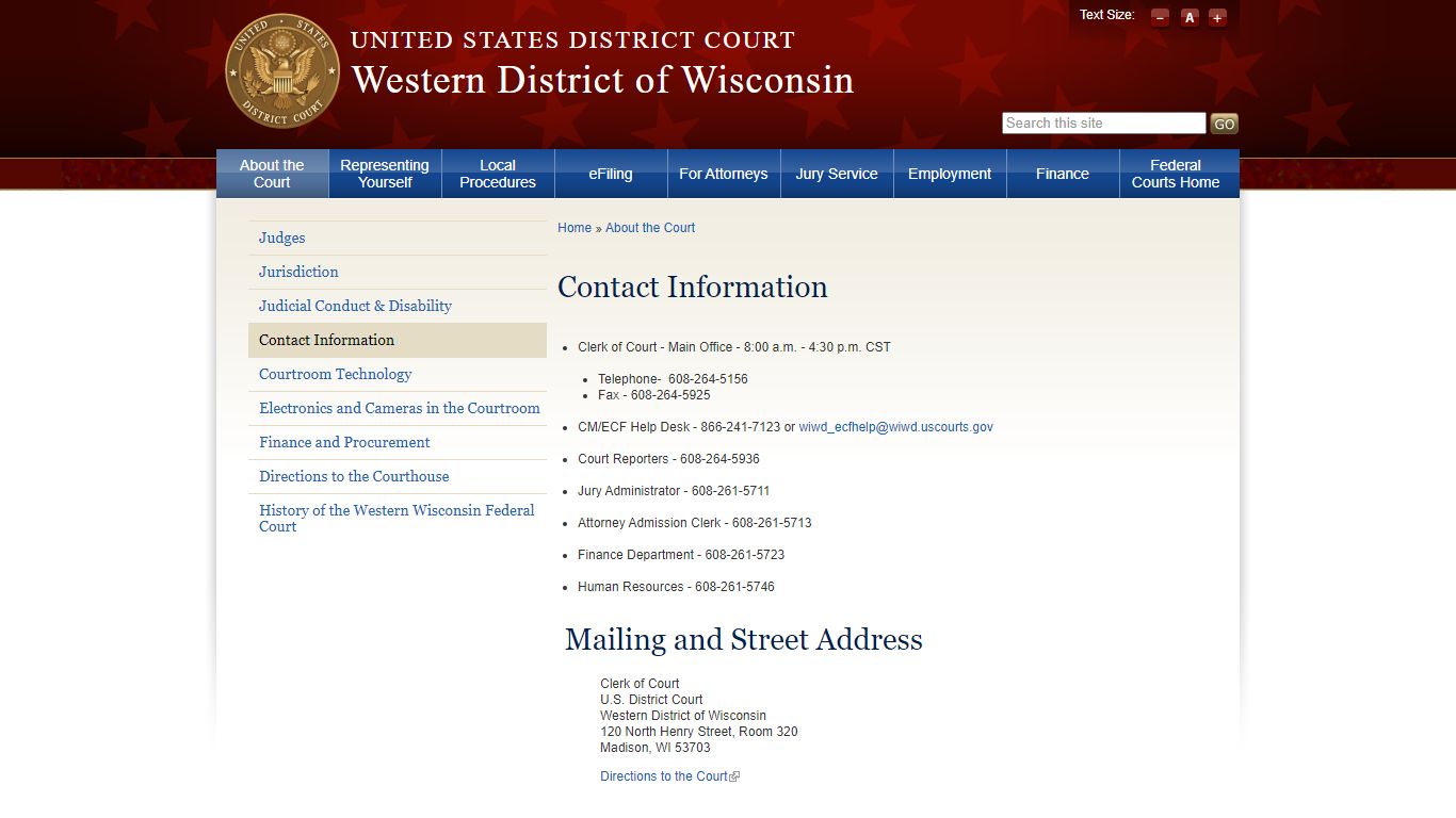 Contact Information | Western District of Wisconsin - United States Courts